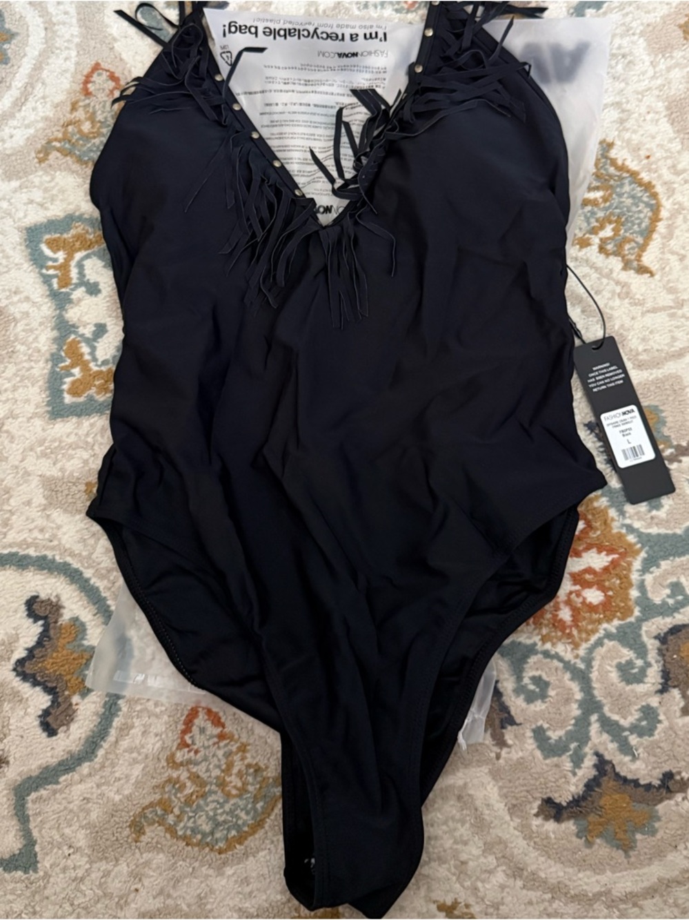 Fashion Nova Black Fringe Halter One-Piece Swimsuit